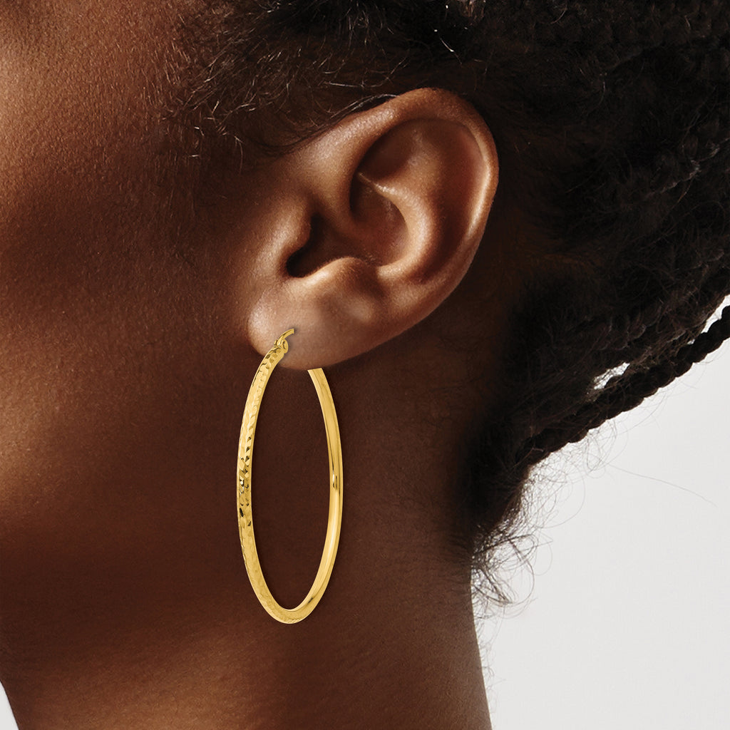 14k Diamond-cut 2mm Round Tube Hoop Earrings