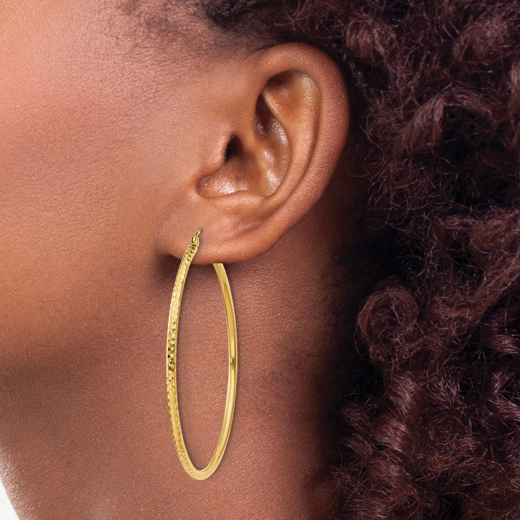 14k Diamond-cut 2mm Round Tube Hoop Earrings