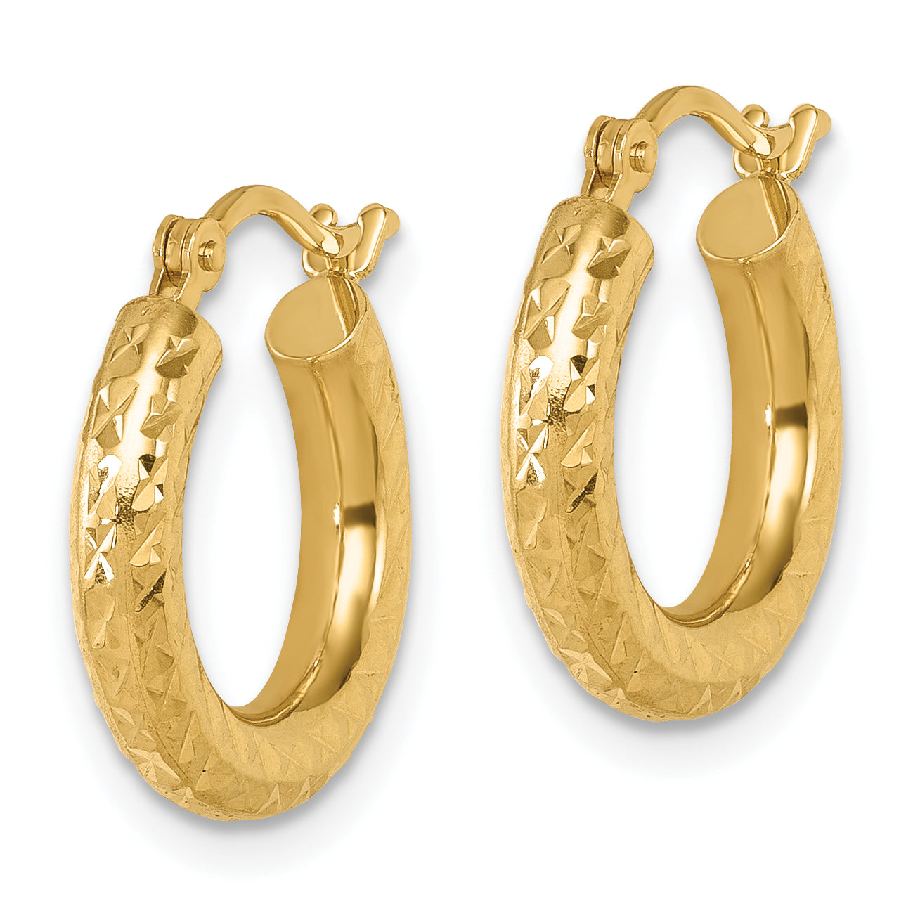 14k Diamond-cut 3mm Round Hoop Earrings Secondary image