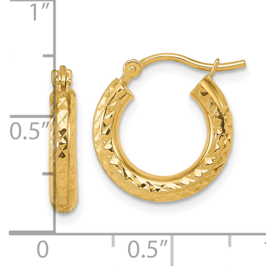14k Diamond-cut 3mm Round Hoop Earrings