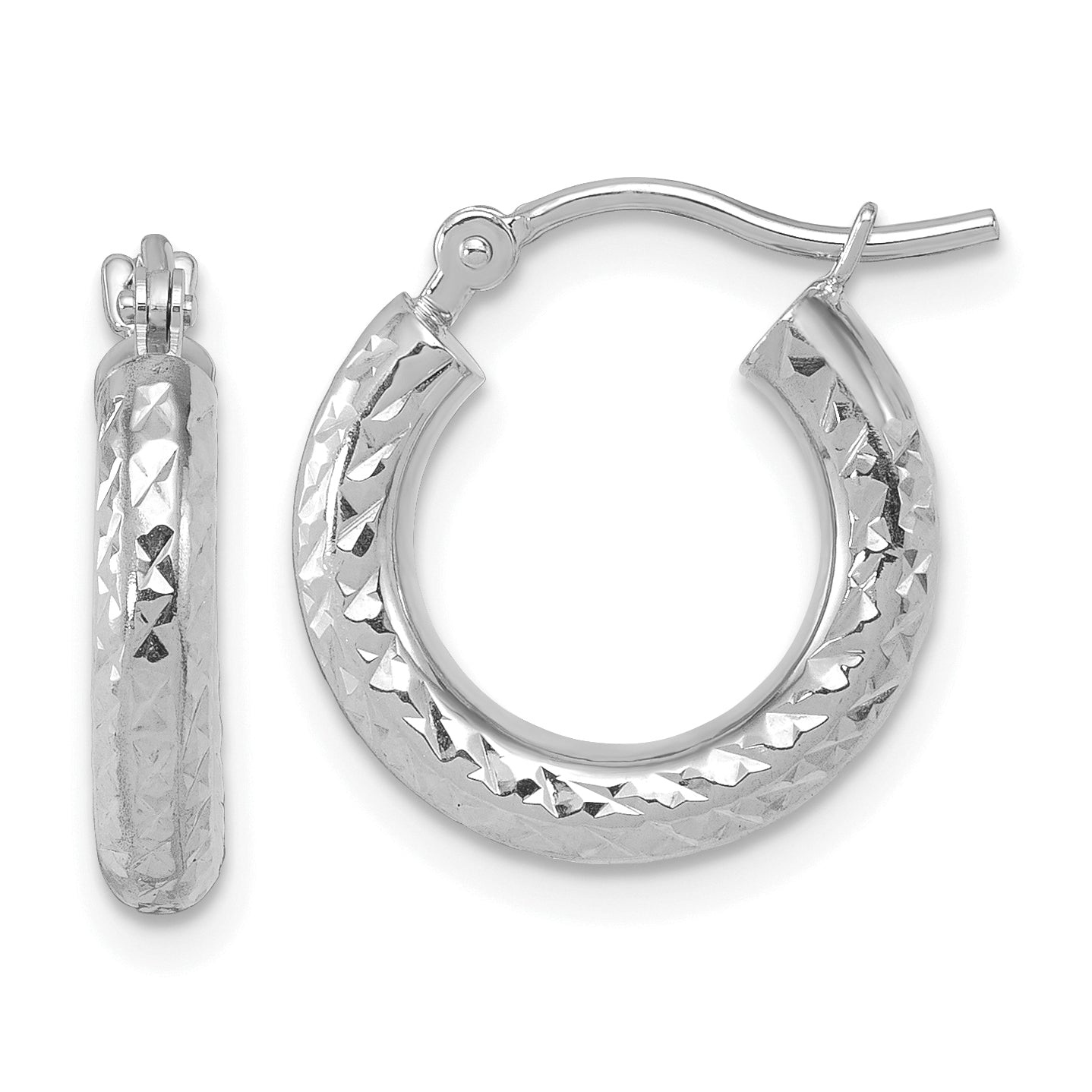 14k White Gold Diamond-cut 3mm Round Hoop Earrings Main image