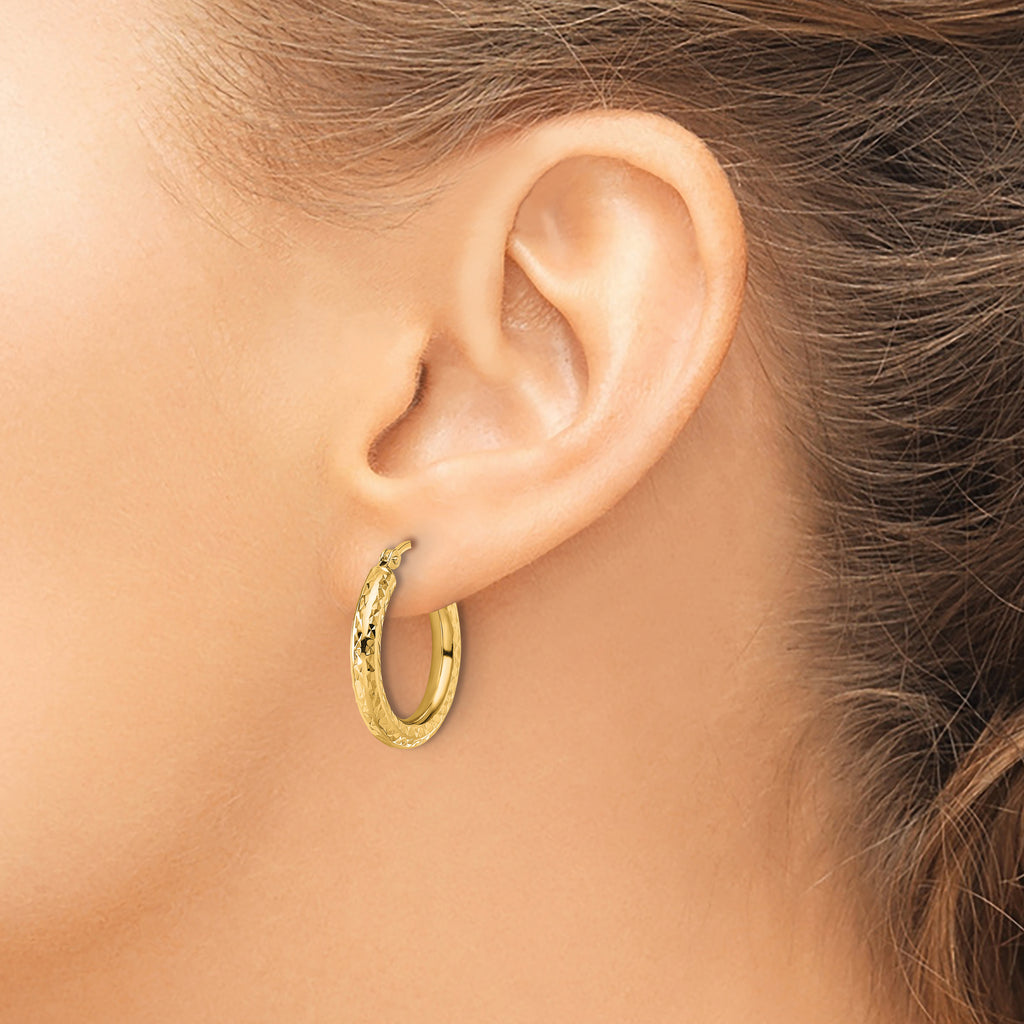 14k Diamond-cut 3mm Round Hoop Earrings
