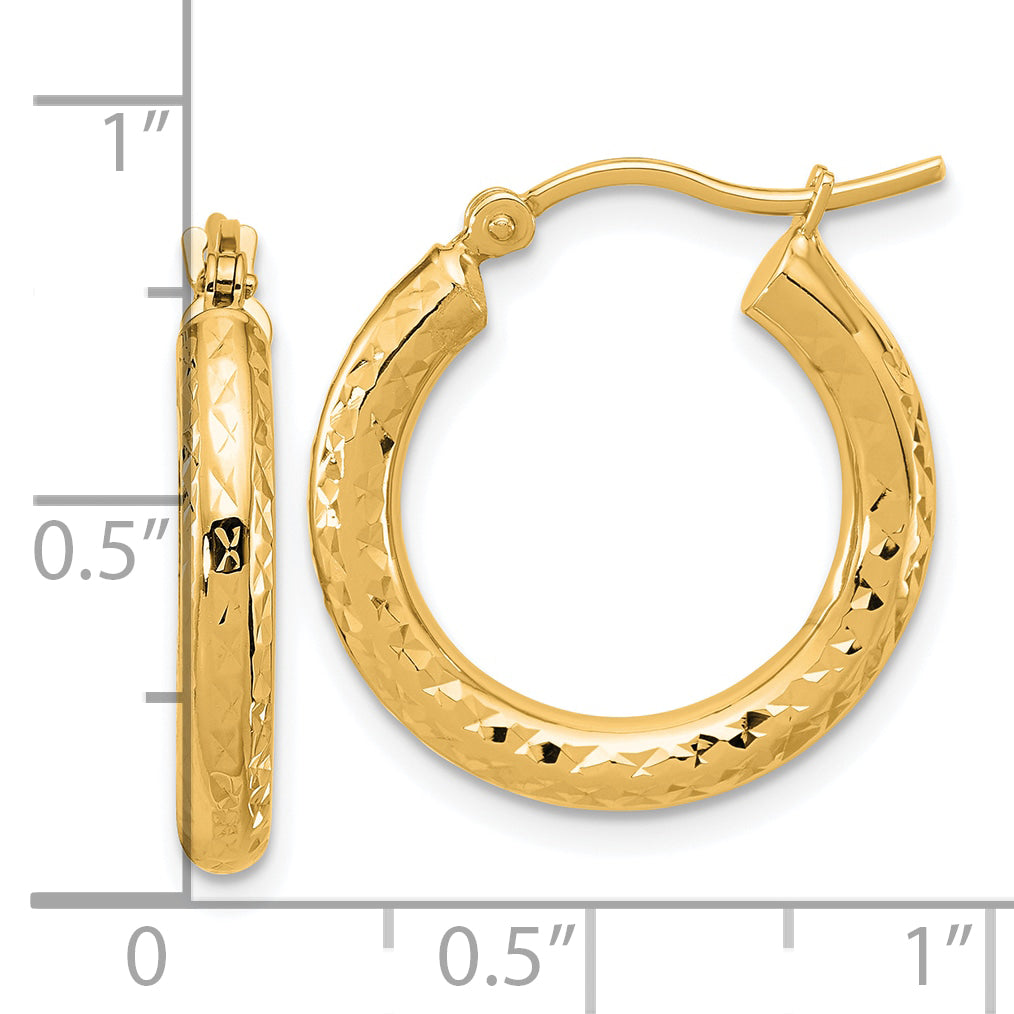 14k Diamond-cut 3mm Round Hoop Earrings