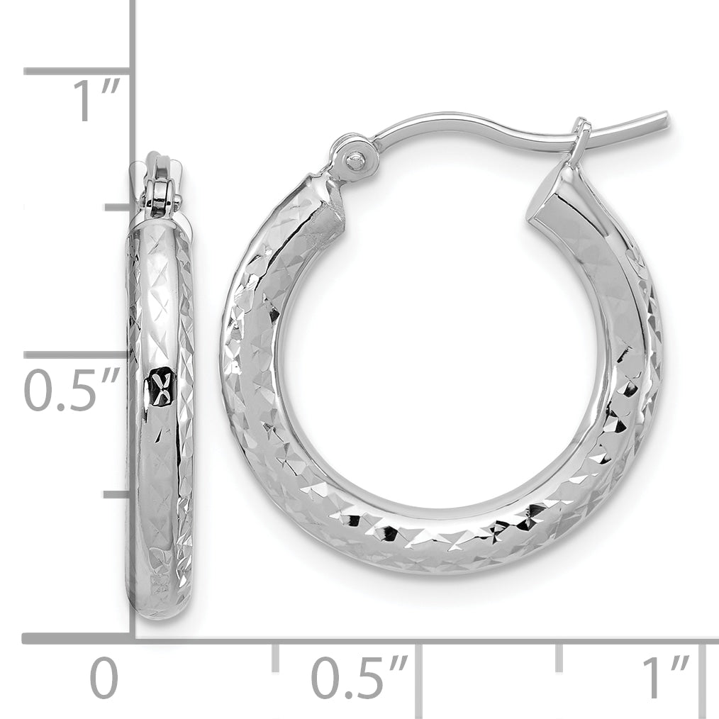 14k White Gold Diamond-cut 3mm Round Hoop Earrings