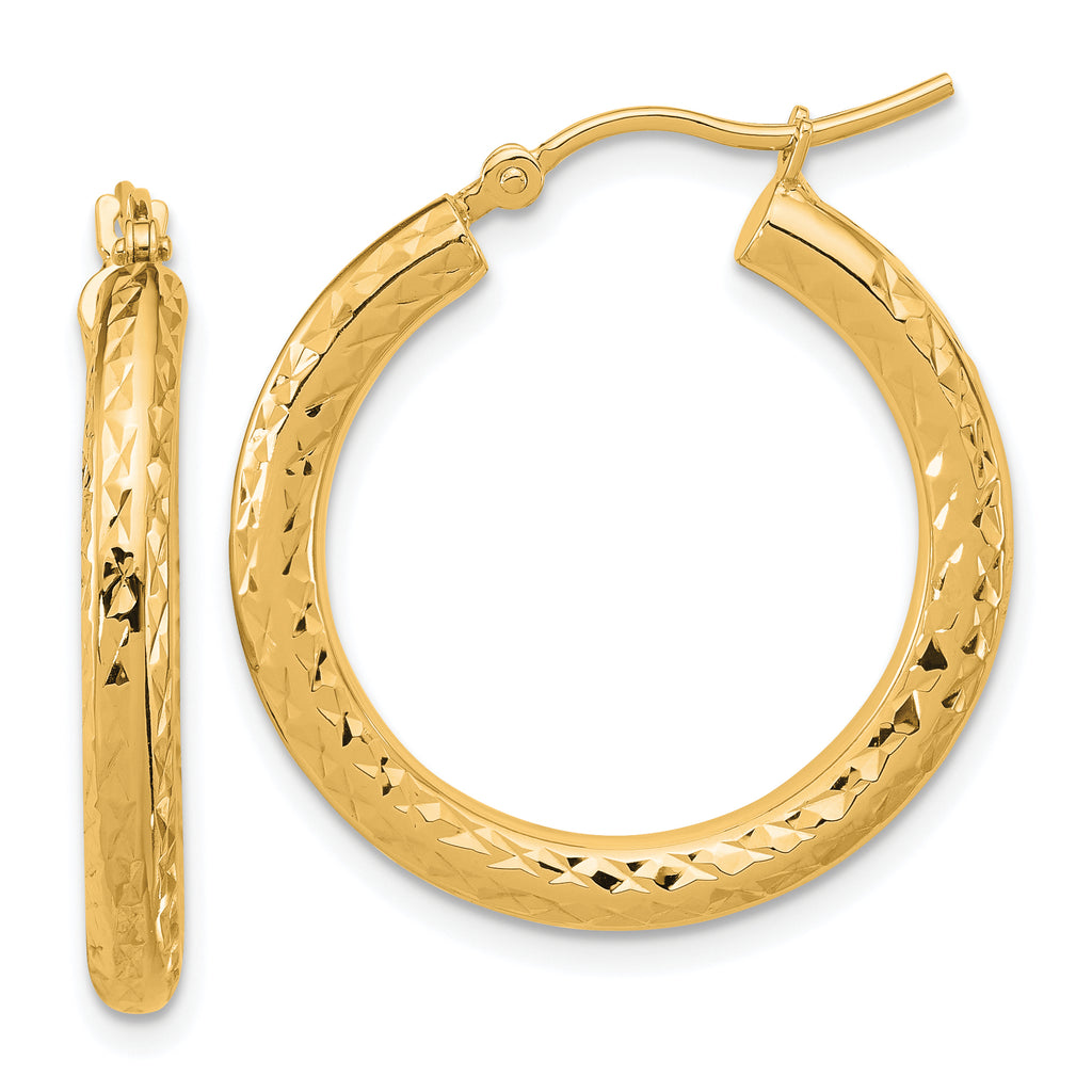 14k Diamond-cut 3mm Round Hoop Earrings