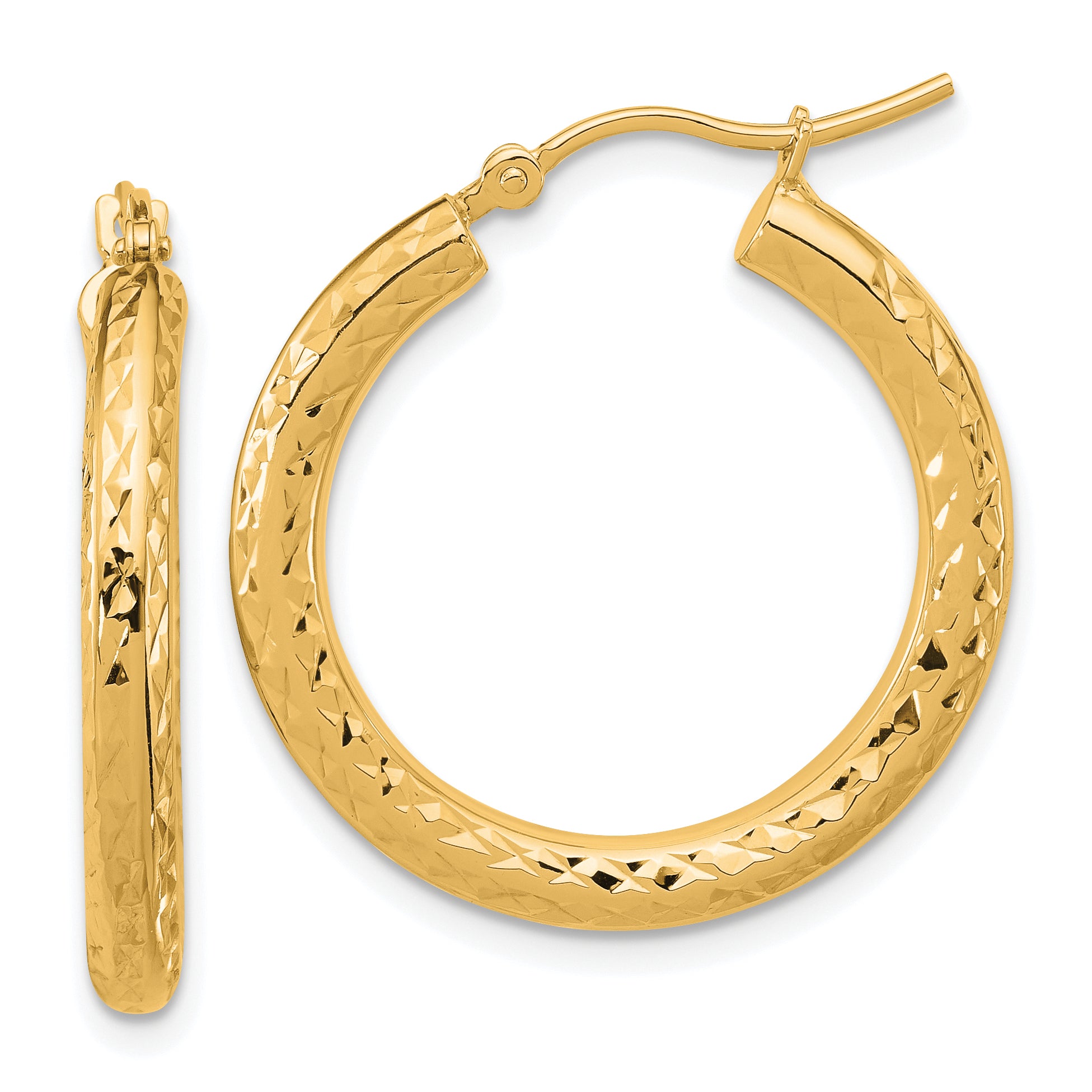 14k Diamond-cut 3mm Round Hoop Earrings