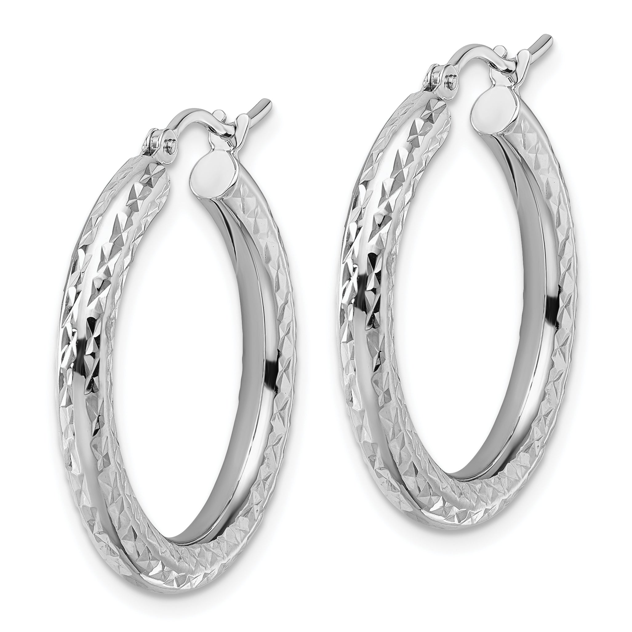 14k White Gold Diamond-cut 3mm Round Hoop Earrings Secondary image