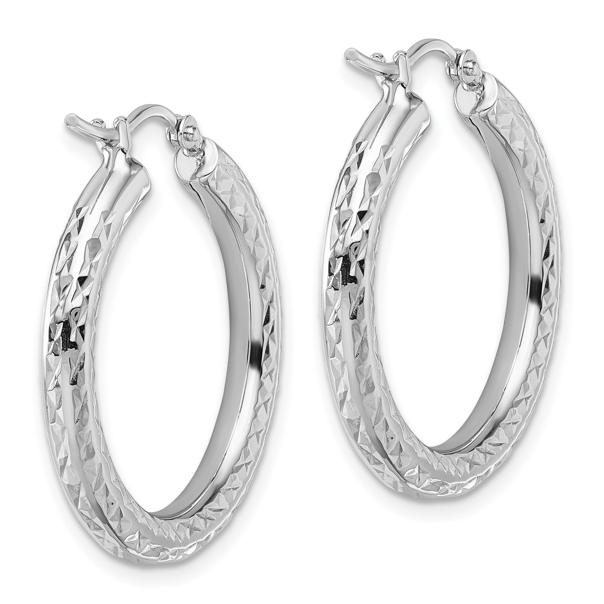 14k White Gold Diamond-cut 3mm Round Hoop Earrings
