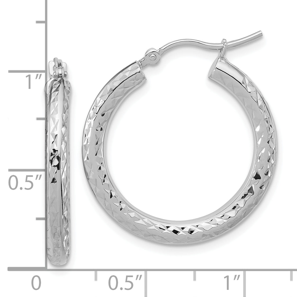 14k White Gold Diamond-cut 3mm Round Hoop Earrings