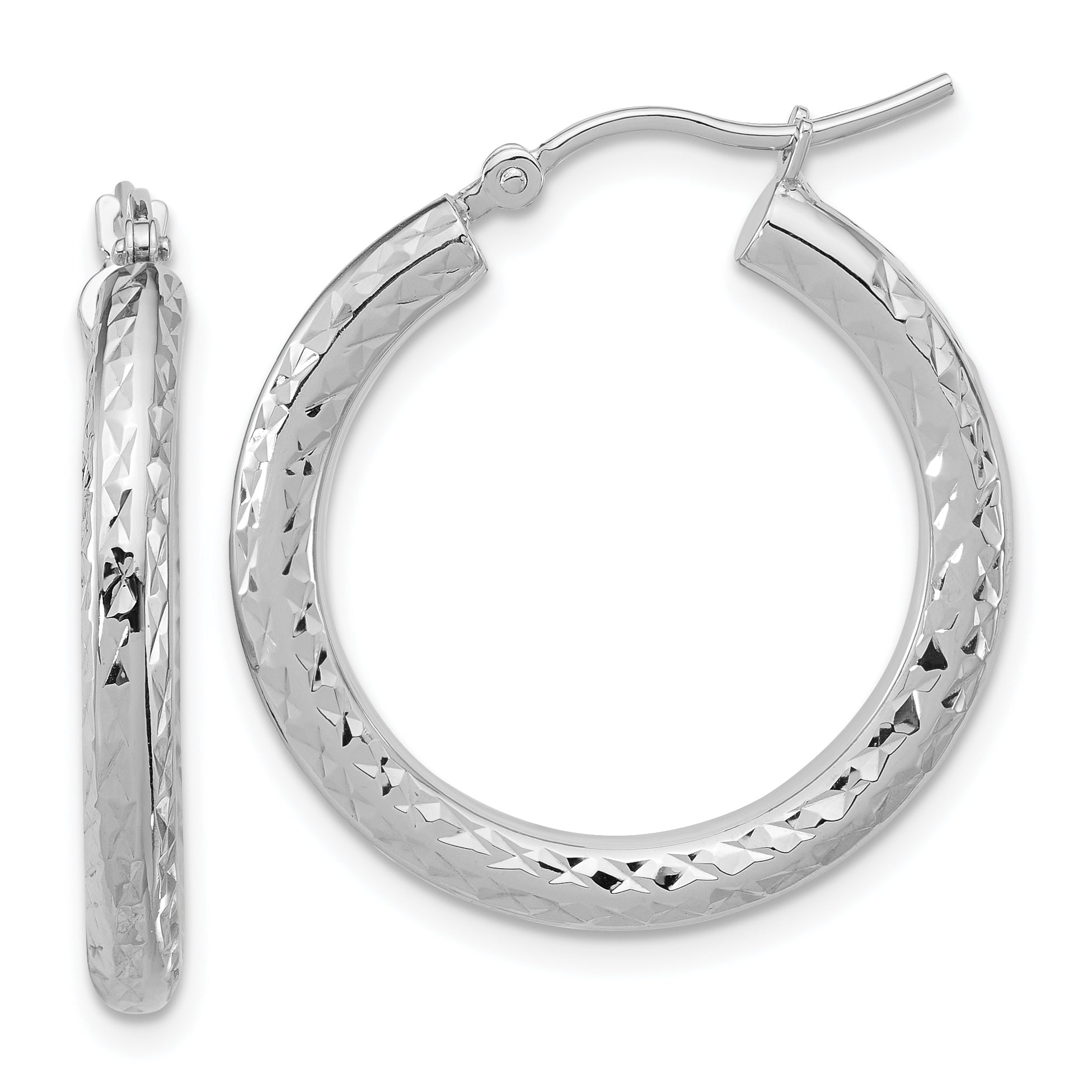 14k White Gold Diamond-cut 3mm Round Hoop Earrings