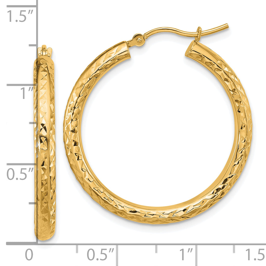 14k Diamond-cut 3mm Round Hoop Earrings