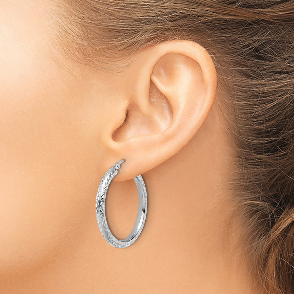 14k White Gold Diamond-cut 3mm Round Hoop Earrings