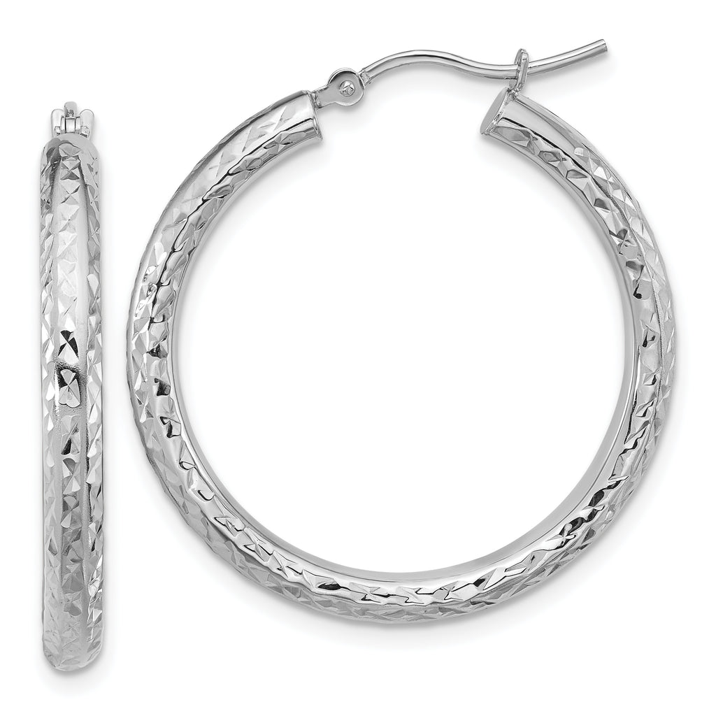 14k White Gold Diamond-cut 3mm Round Hoop Earrings