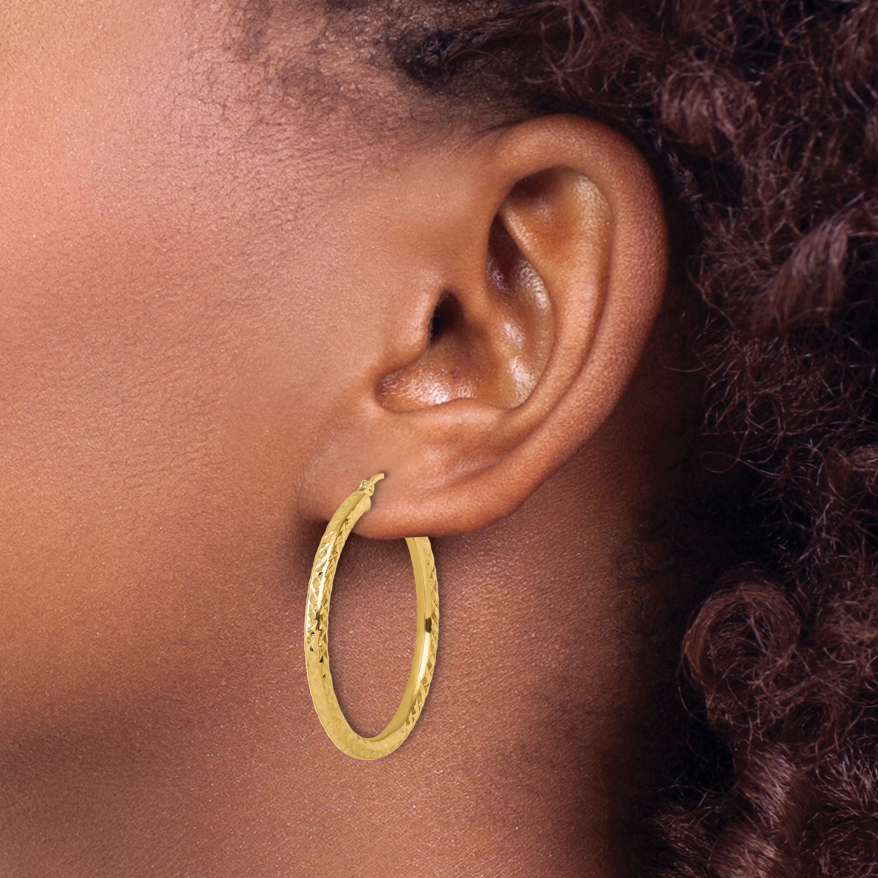 14k Diamond-cut 3mm Round Hoop Earrings