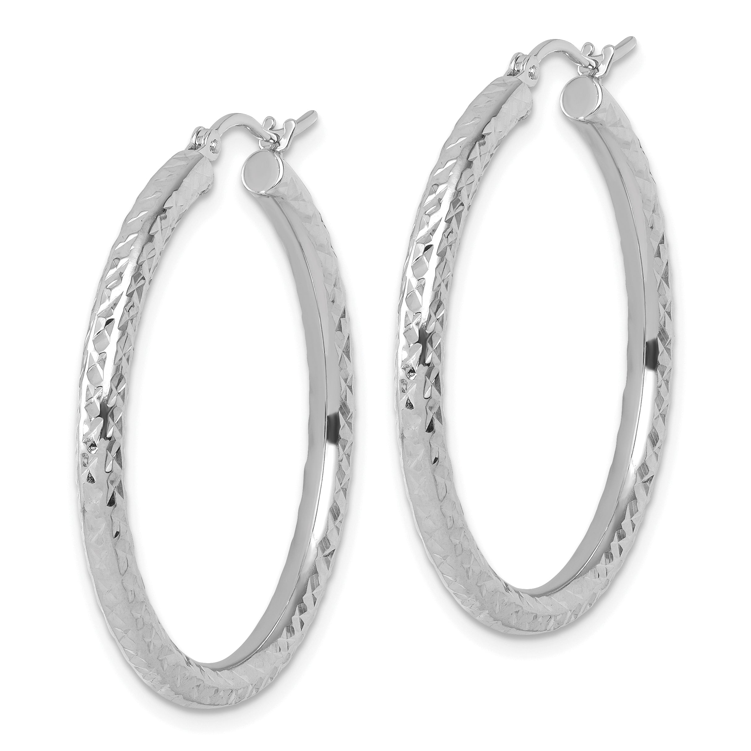 14k White Gold Diamond-cut 3mm Round Hoop Earrings Secondary image