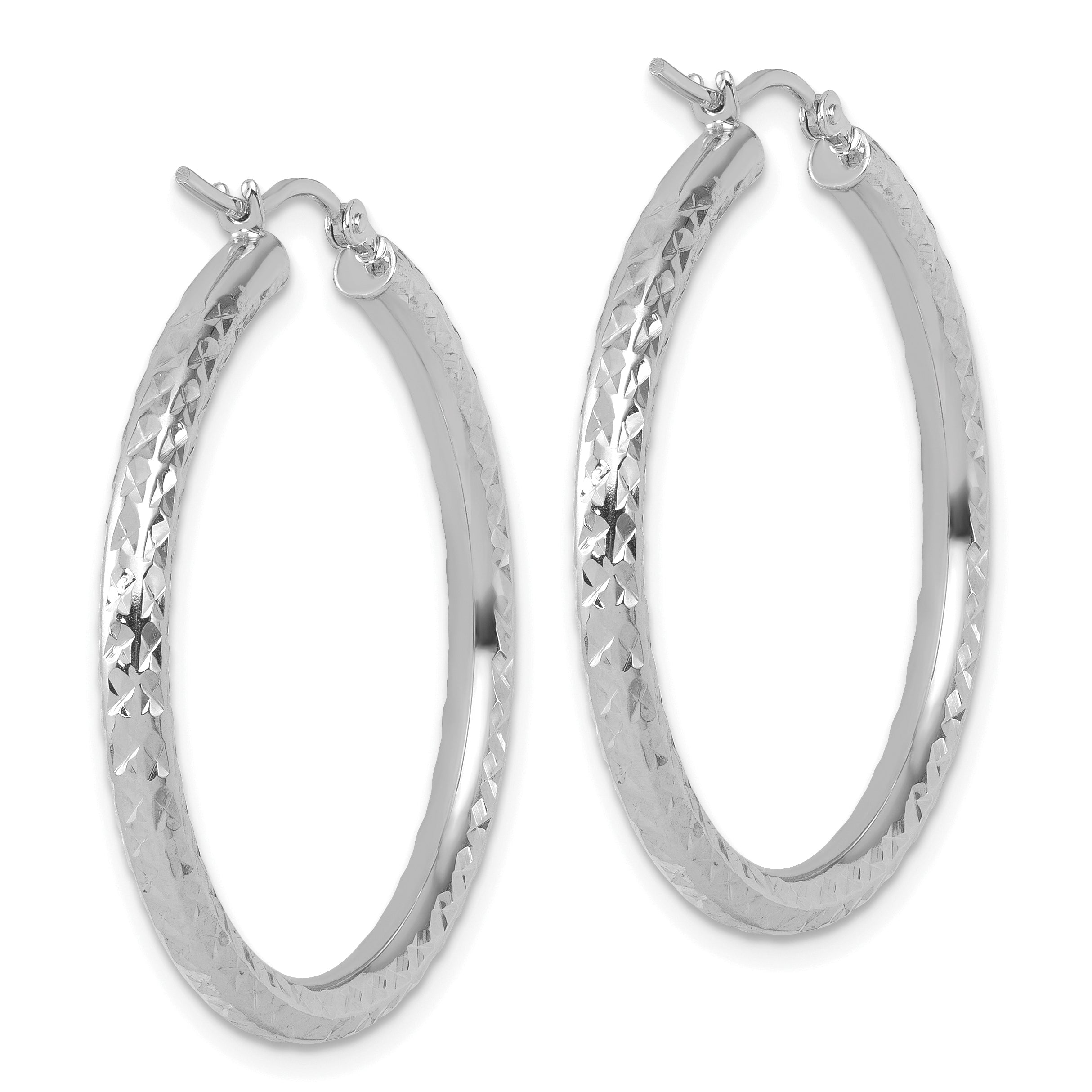 14k White Gold Diamond-cut 3mm Round Hoop Earrings