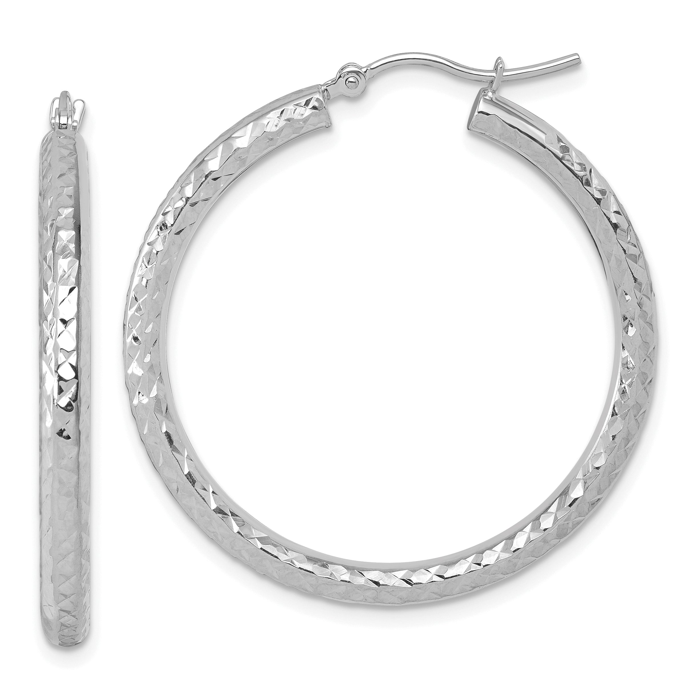 14k White Gold Diamond-cut 3mm Round Hoop Earrings Main image