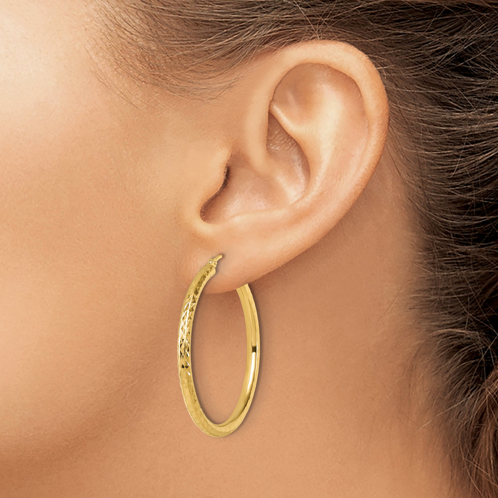 14k Diamond-cut 3mm Round Hoop Earrings