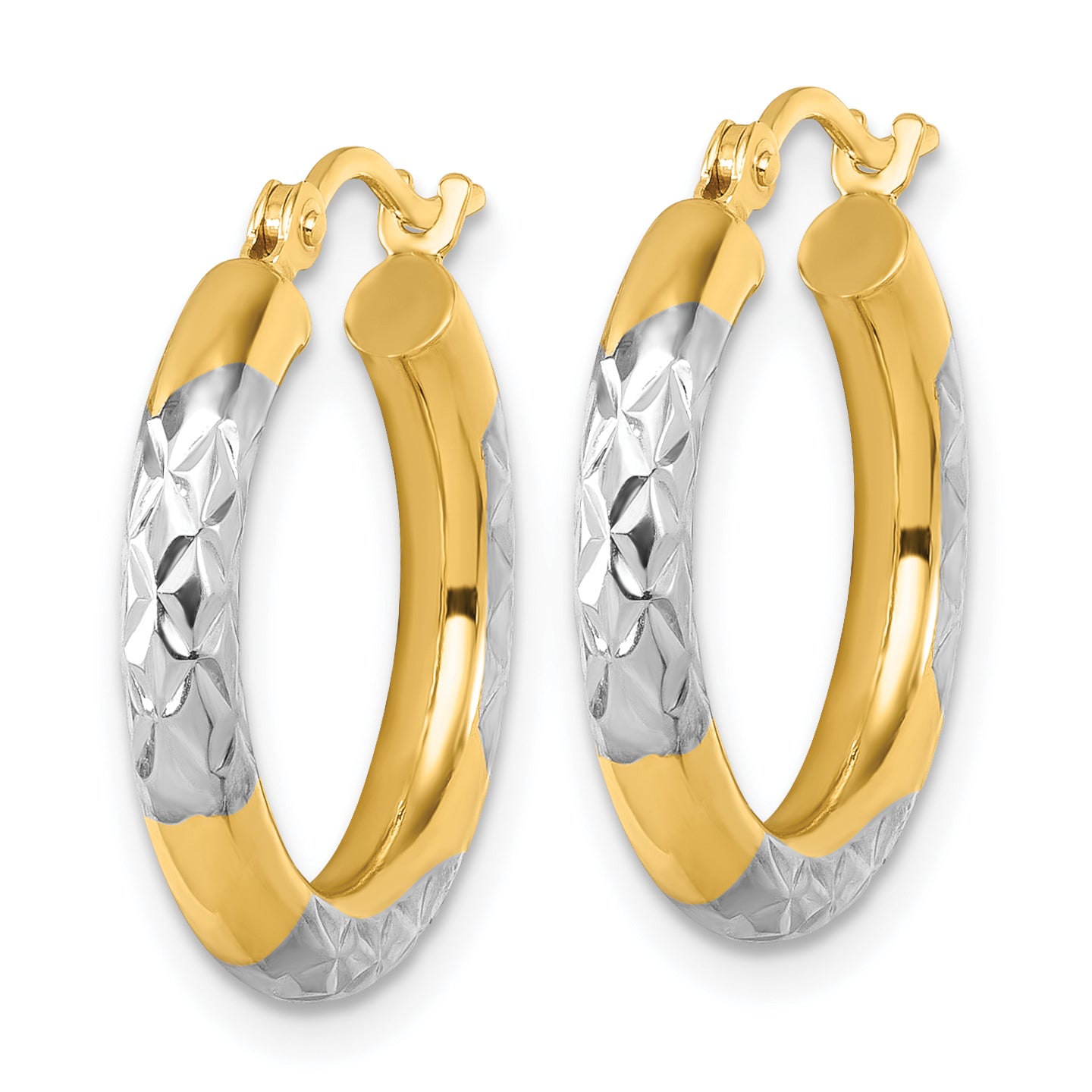 14k with Rhodium Diamond Cut 3mm Hoop Earrings Secondary image