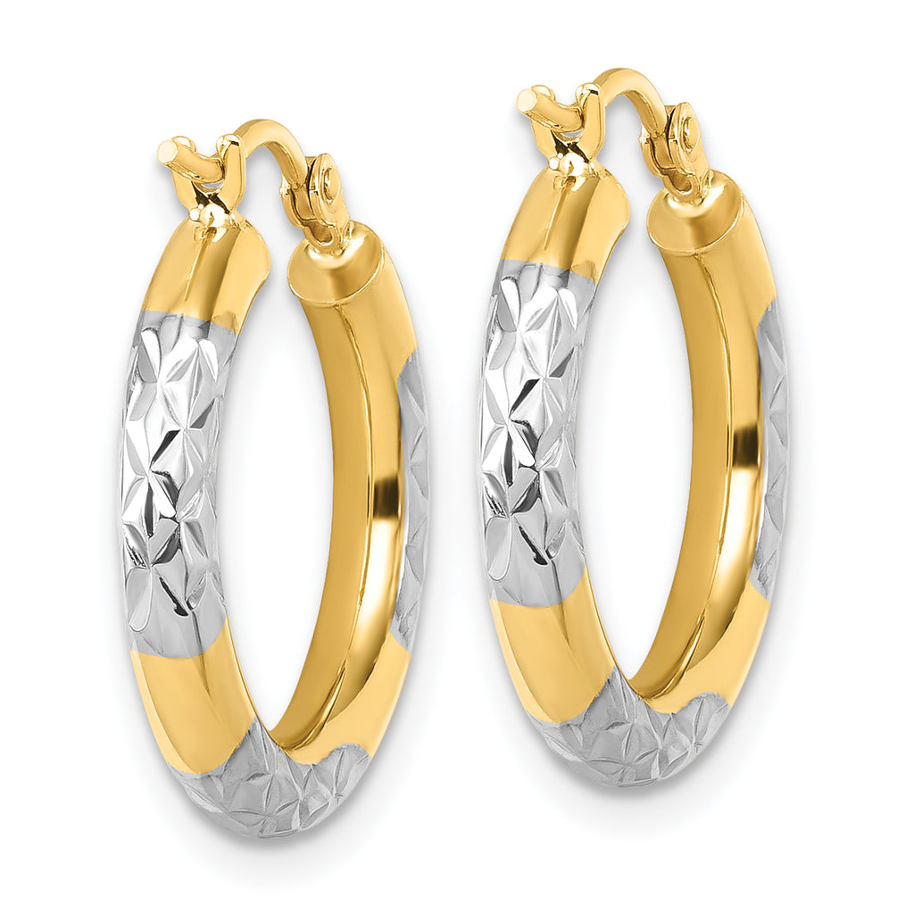 14k with Rhodium Diamond Cut 3mm Hoop Earrings