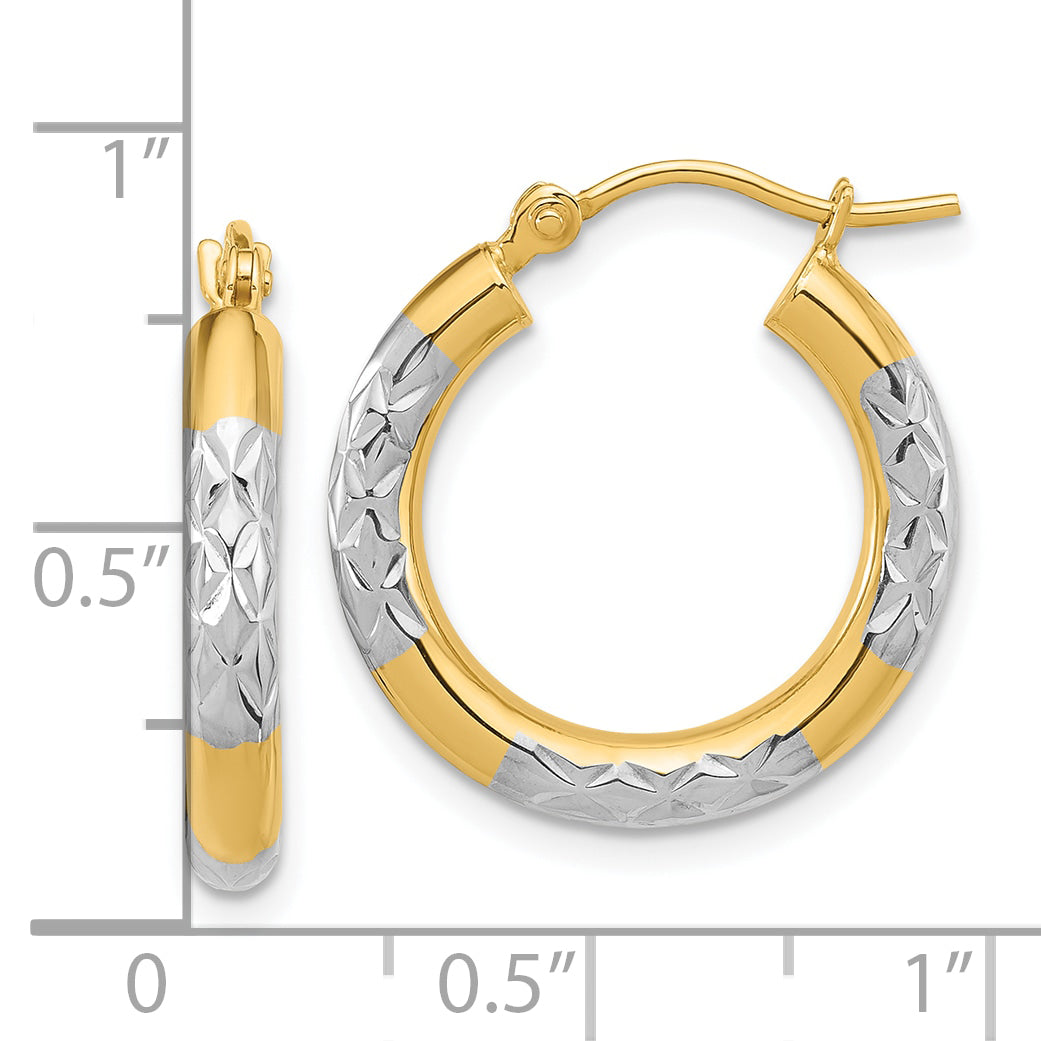 14k with Rhodium Diamond Cut 3mm Hoop Earrings