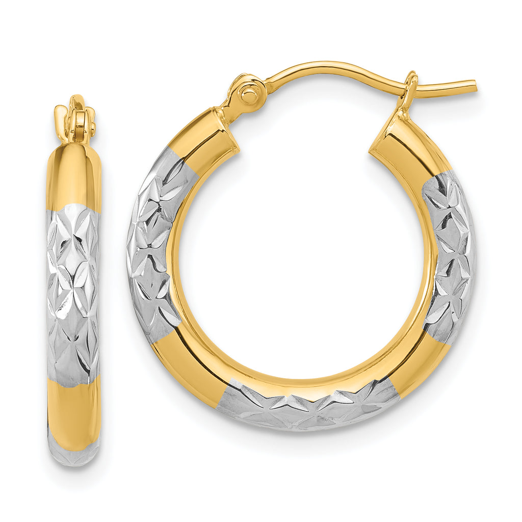 14k with Rhodium Diamond Cut 3mm Hoop Earrings