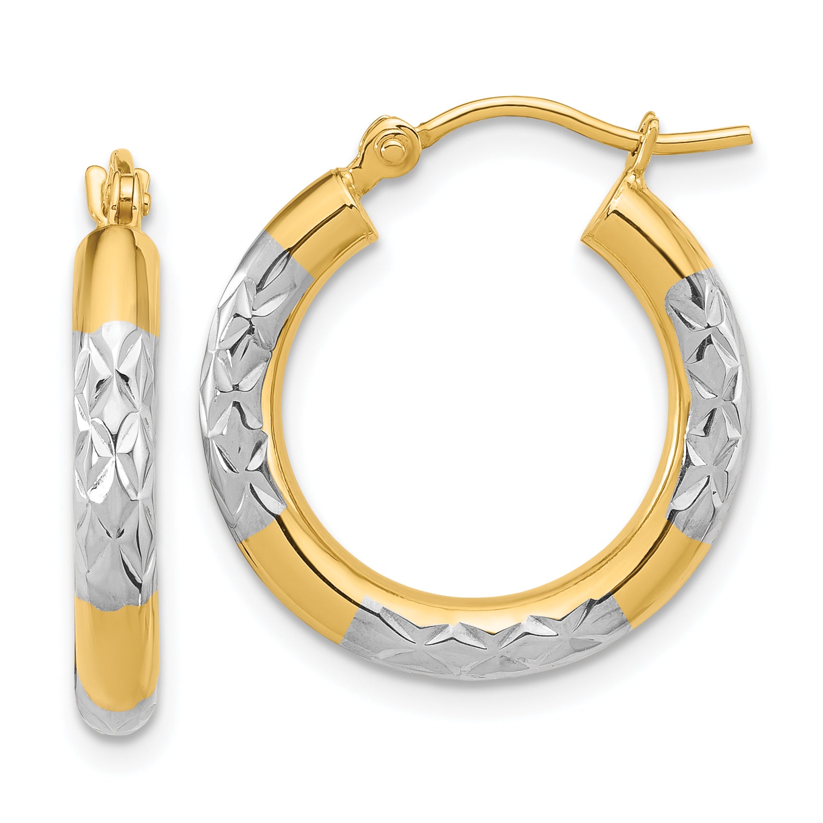 14k with Rhodium Diamond Cut 3mm Hoop Earrings