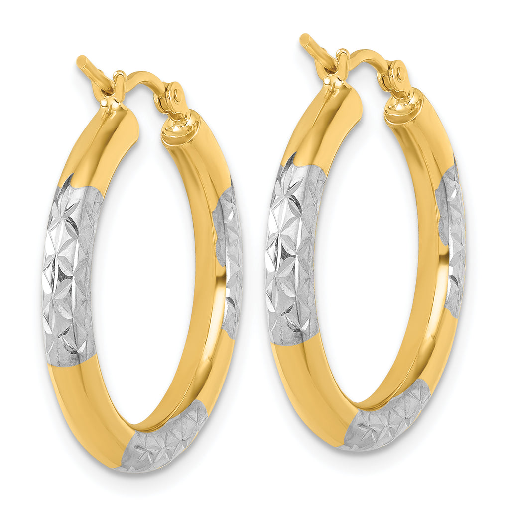 14k with Rhodium Diamond Cut 3mm Hoop Earrings