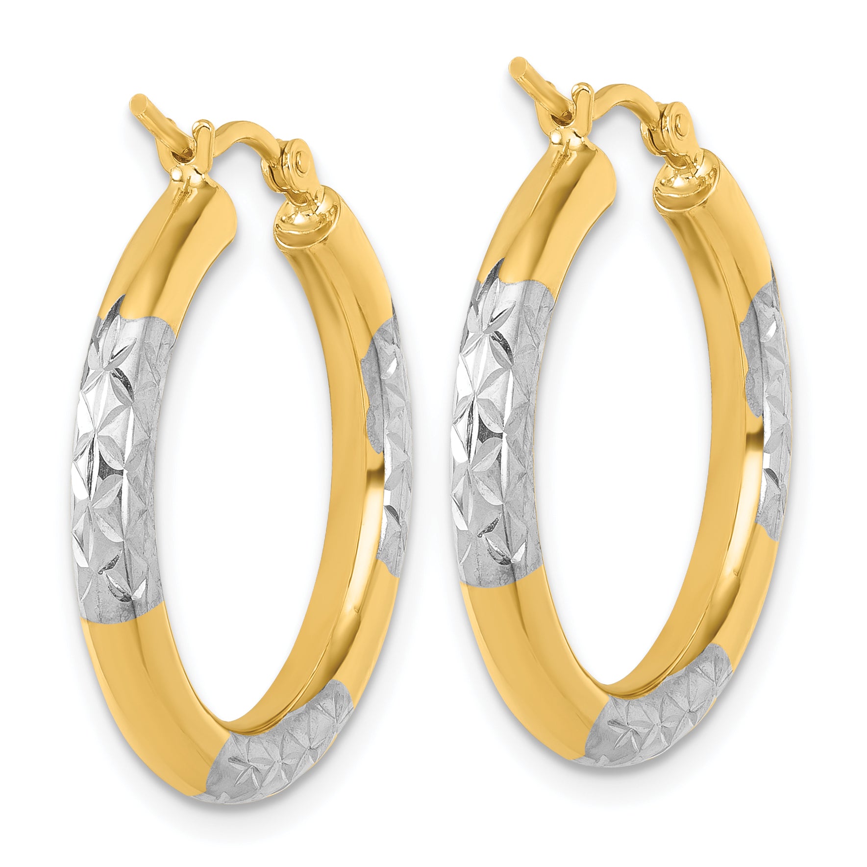 14k with Rhodium Diamond Cut 3mm Hoop Earrings