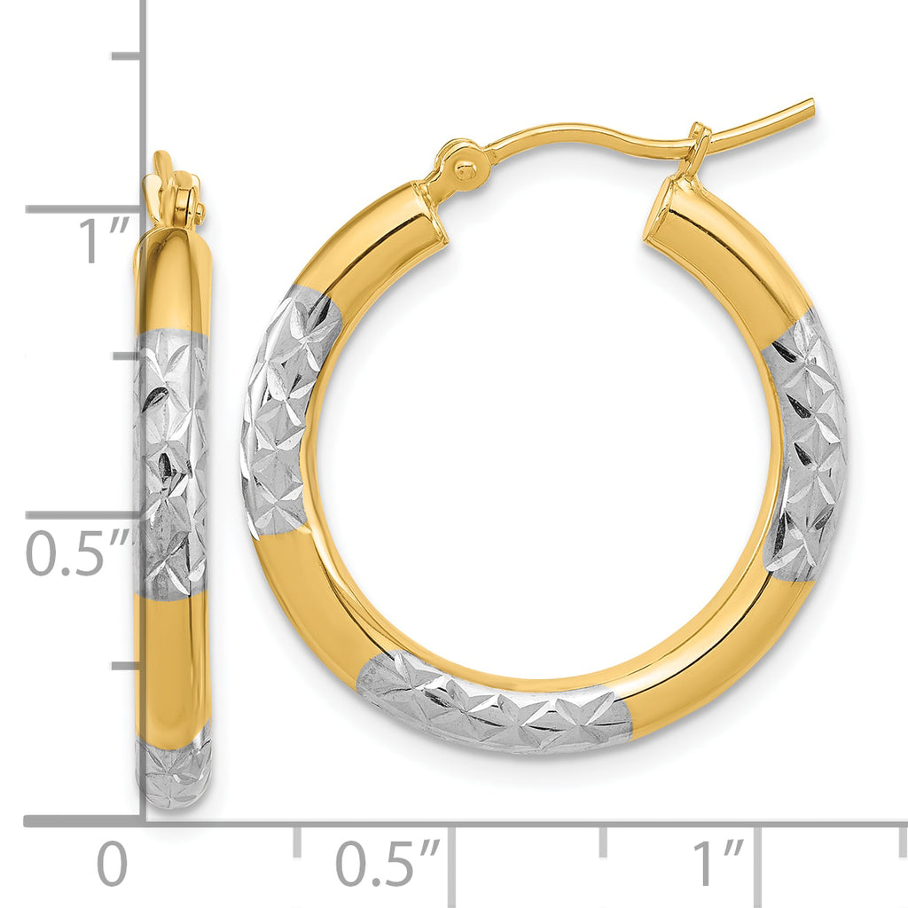 14k with Rhodium Diamond Cut 3mm Hoop Earrings