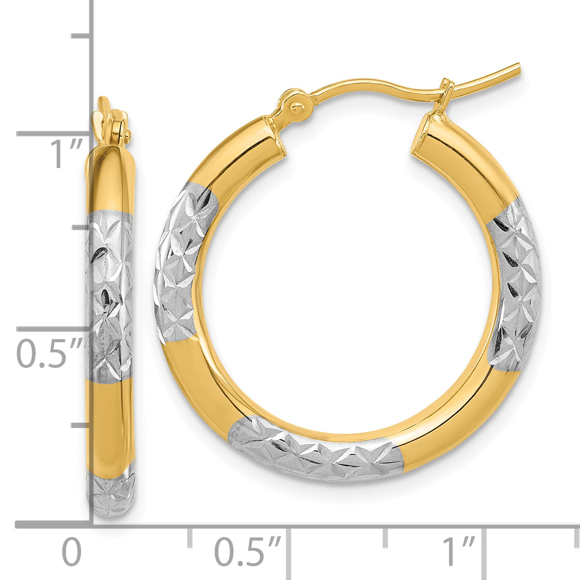 14k with Rhodium Diamond Cut 3mm Hoop Earrings