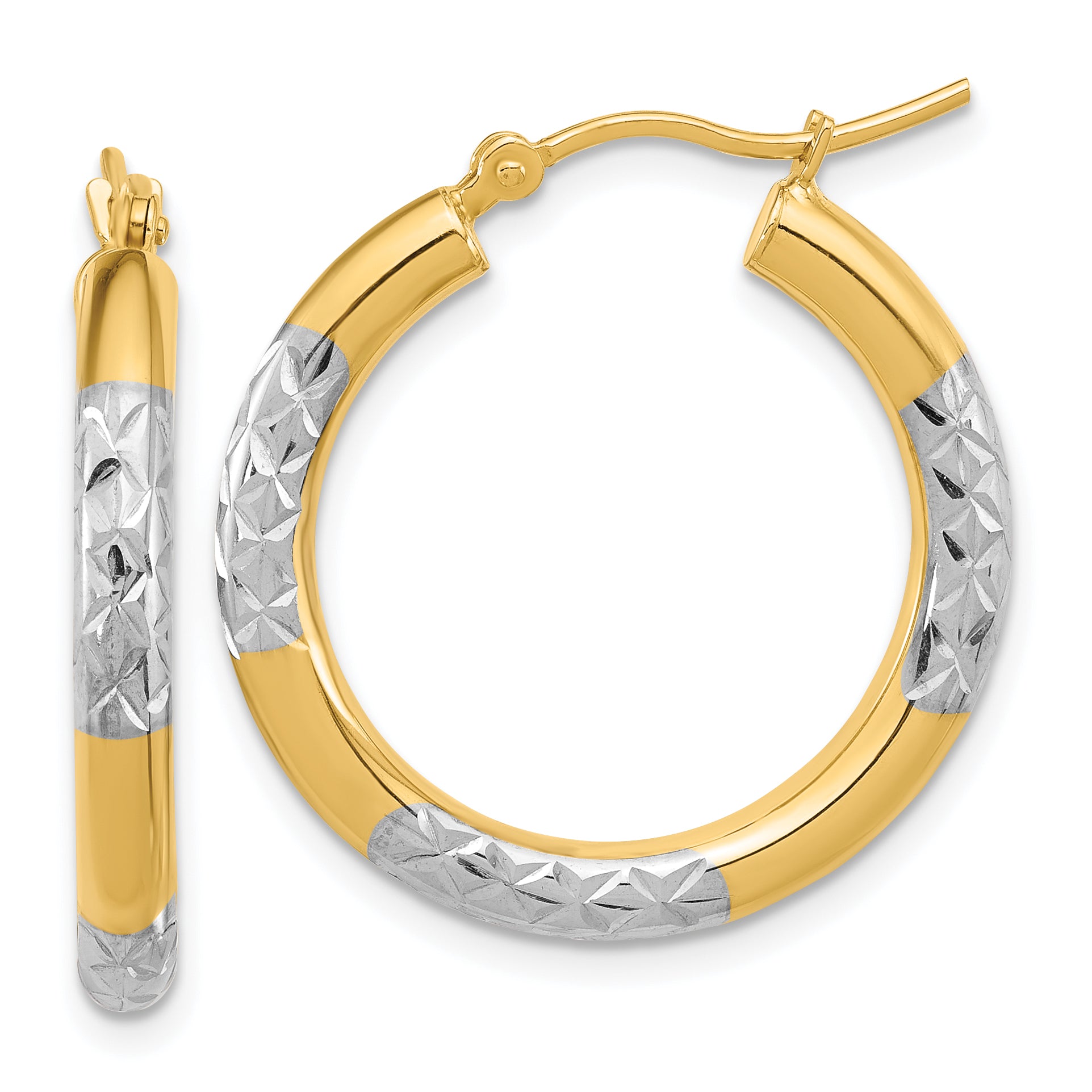 14k with Rhodium Diamond Cut 3mm Hoop Earrings Main image