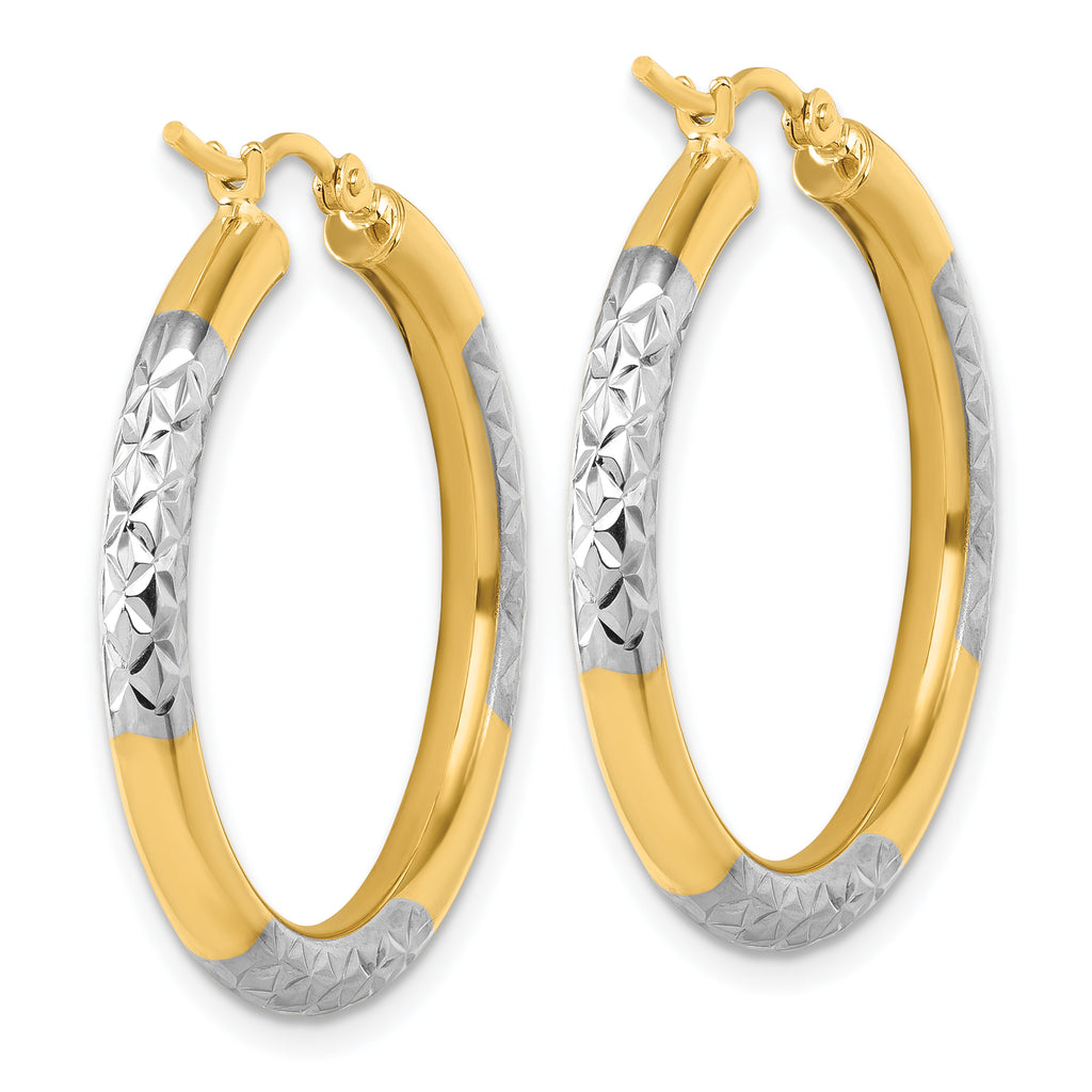 14k with Rhodium Diamond Cut 3mm Hoop Earrings