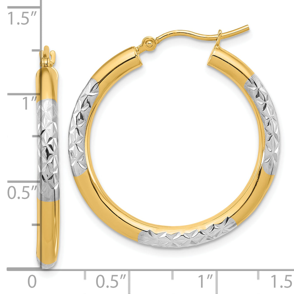 14k with Rhodium Diamond Cut 3mm Hoop Earrings