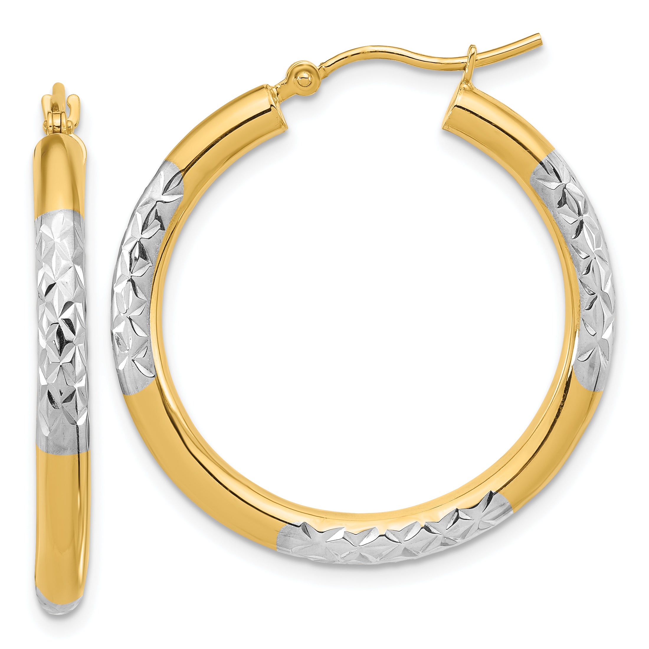 14k with Rhodium Diamond Cut 3mm Hoop Earrings Main image