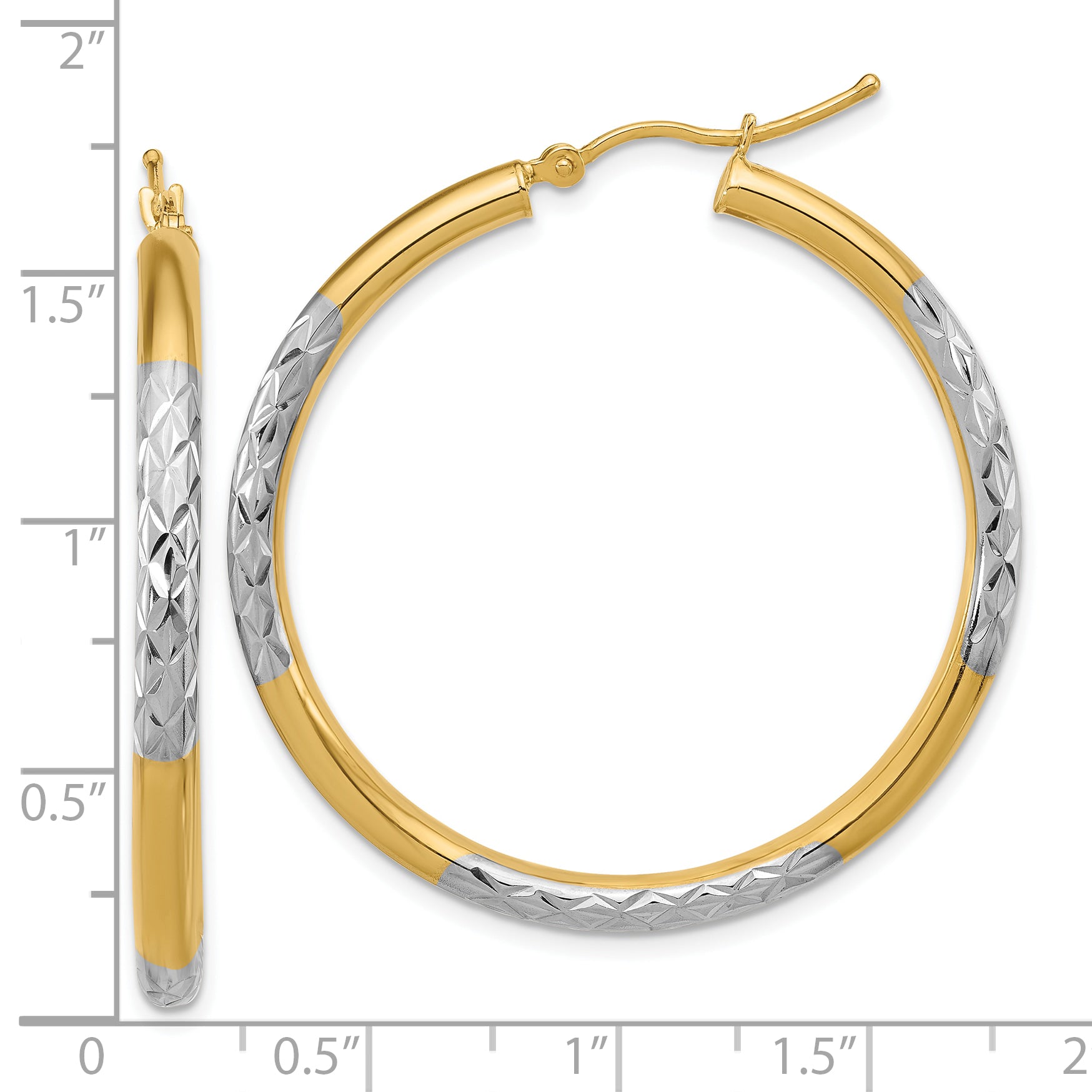 14k with Rhodium Diamond Cut 3mm Hoop Earrings