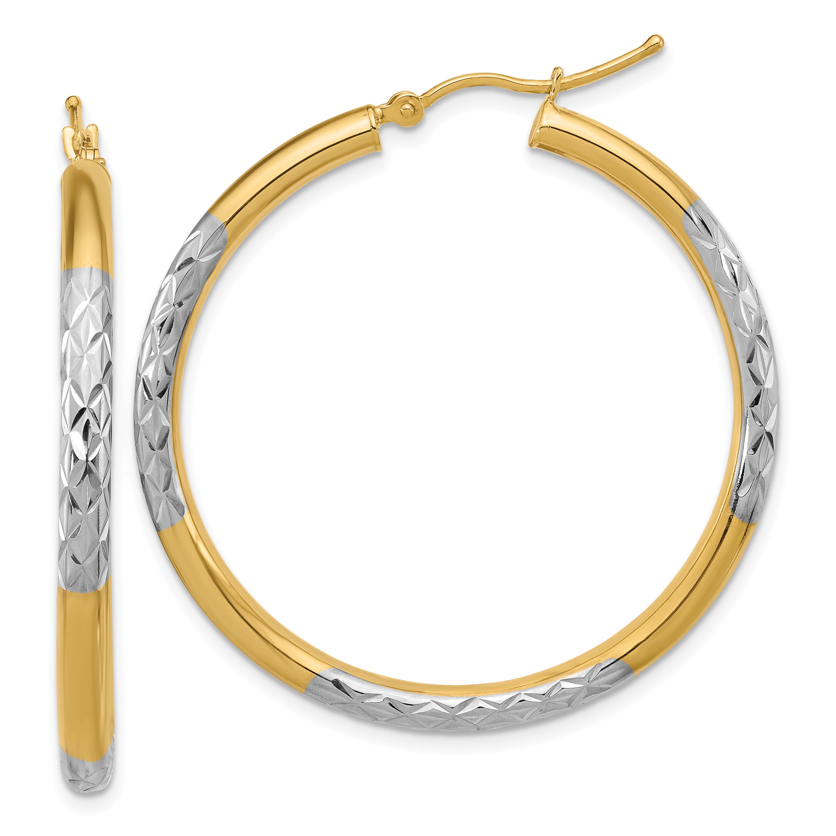 14k with Rhodium Diamond Cut 3mm Hoop Earrings