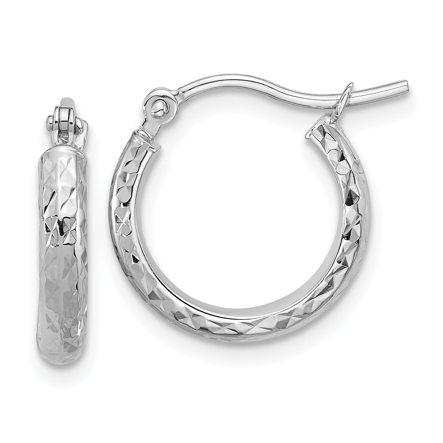 14k White Gold D/C 2.8x15mm Hollow Hoop Earrings