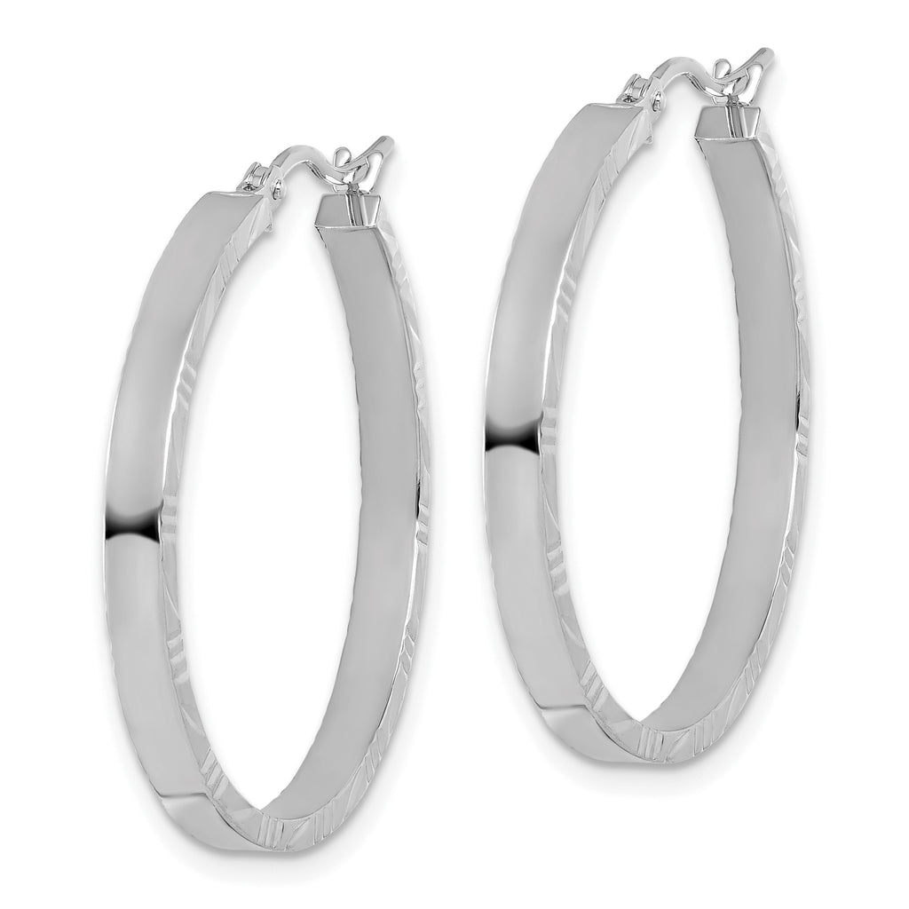 14k White Gold D/C Edge Large 3mm Polished Hoop Earrings