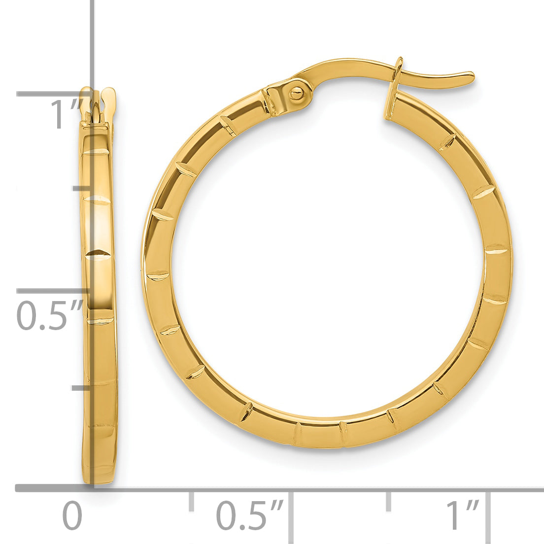 14K Polished and Grooved Round Hoop Earrings