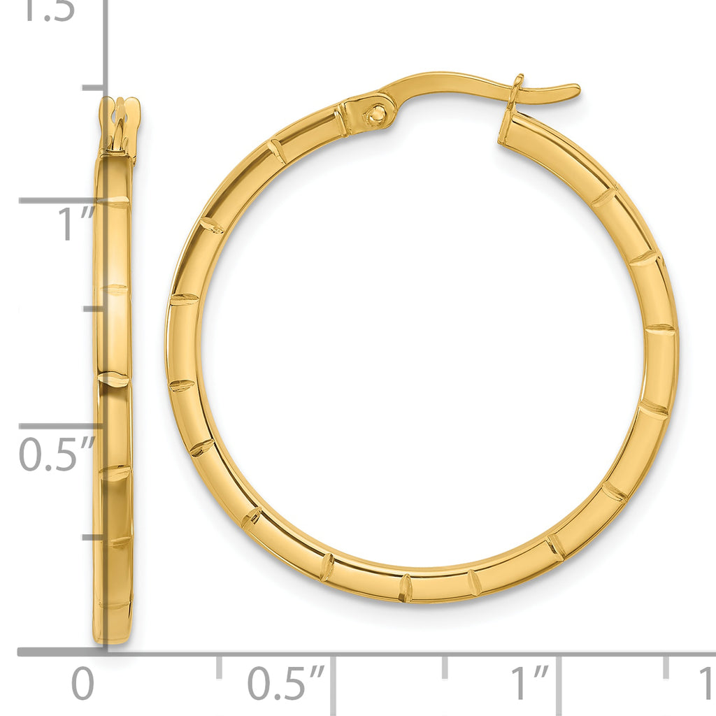 14K Polished and Grooved Round Hoop Earrings