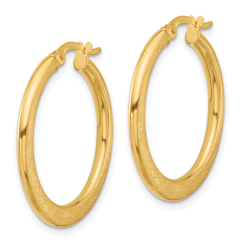 14K Polished and Scratch Finish Round Hoop Earrings