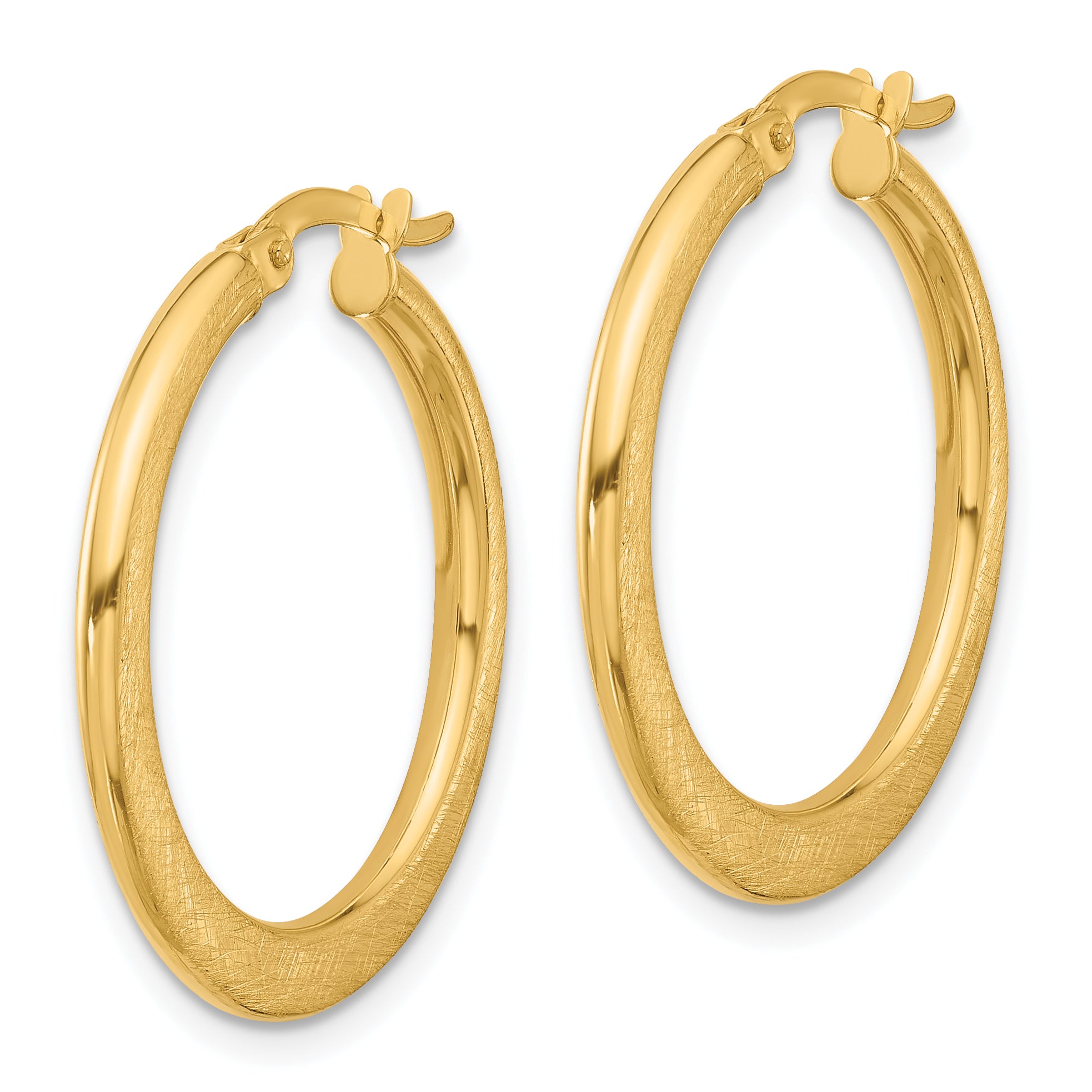 14K Polished and Scratch Finish Round Hoop Earrings