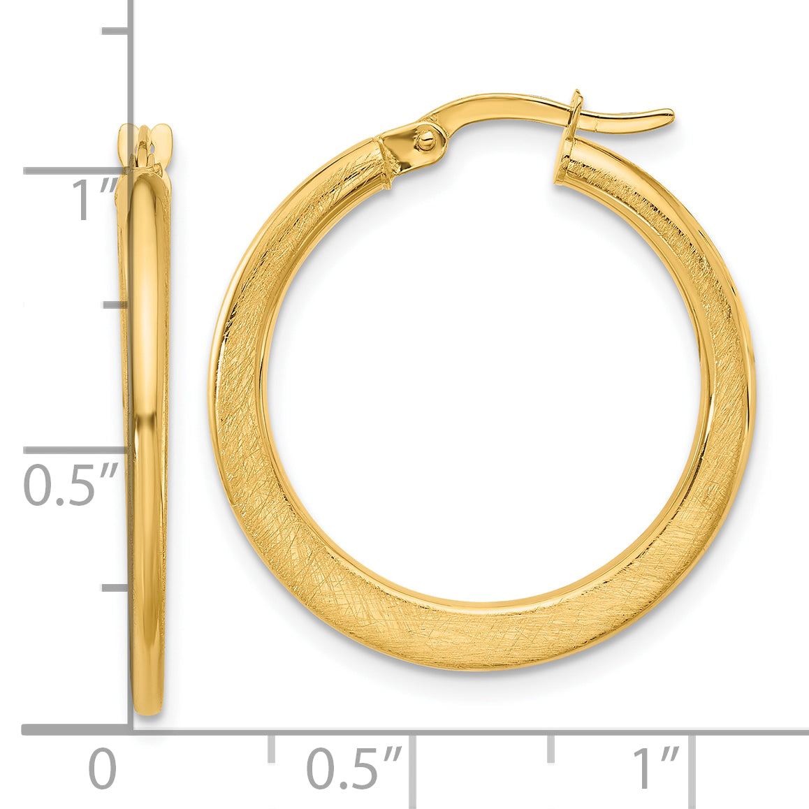 14K Polished and Scratch Finish Round Hoop Earrings