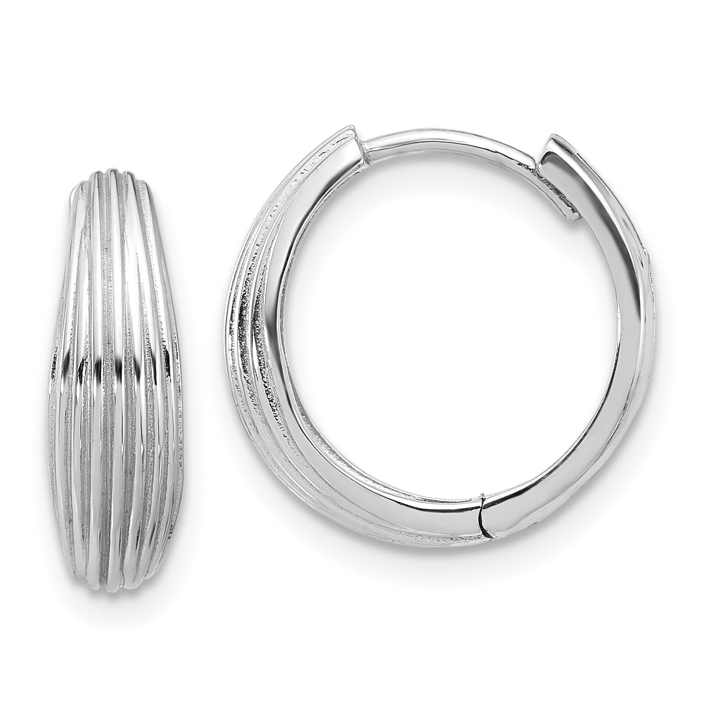 14K White Gold Polished and Grooved Hinged Hoop Earrings Main image