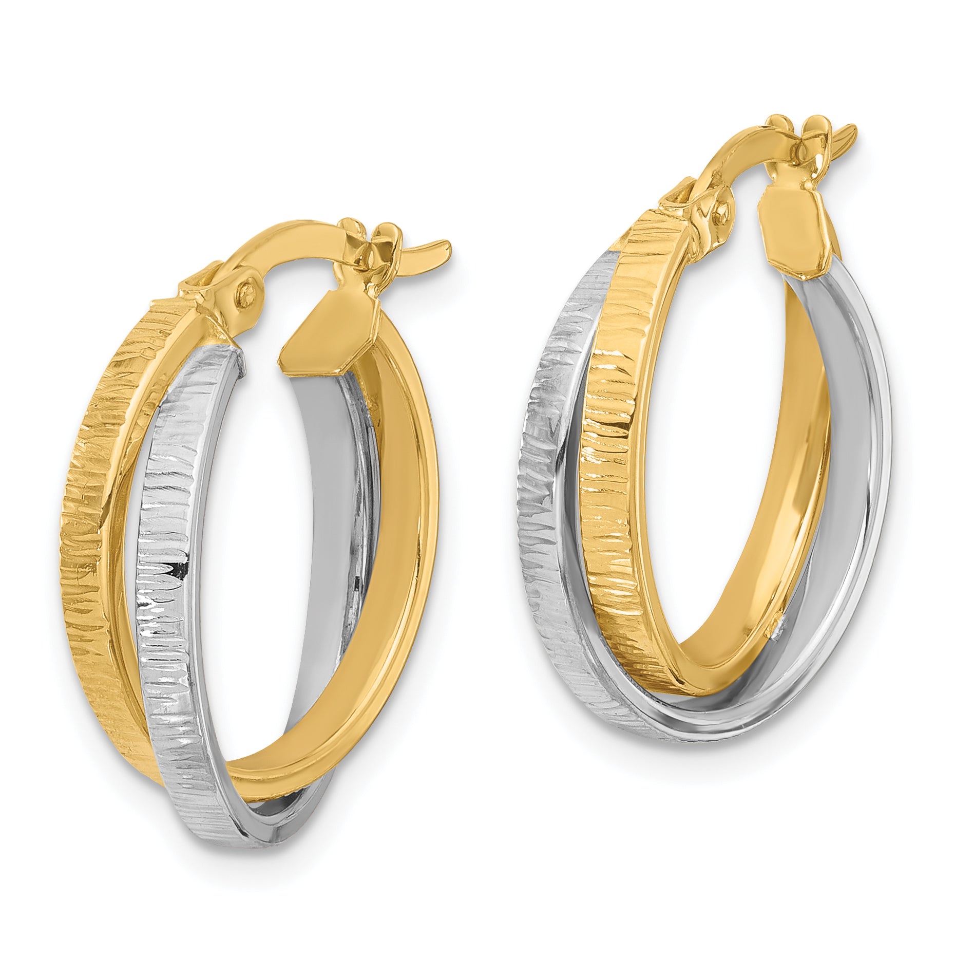 14K Two-tone Polished and Textured Bypass Hoop Earrings Secondary image