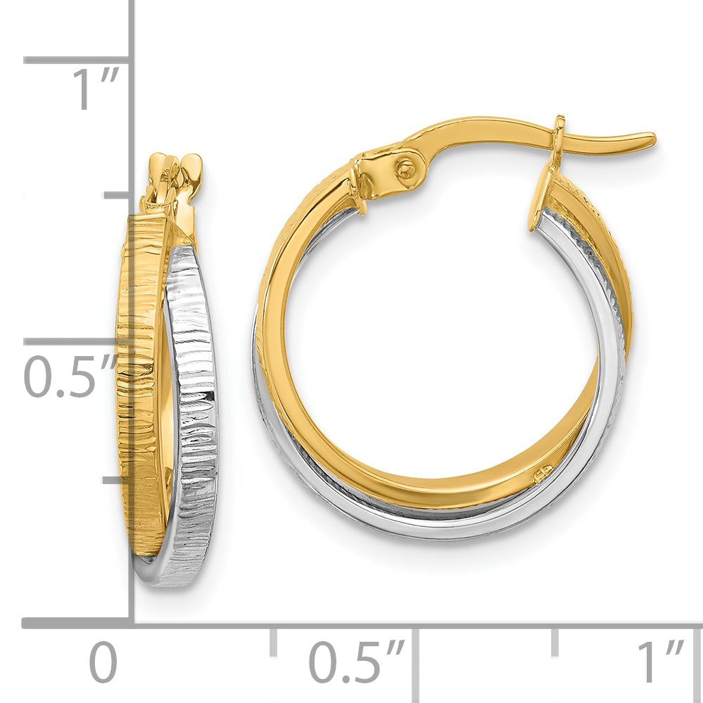 14K Two-tone Polished and Textured Bypass Hoop Earrings
