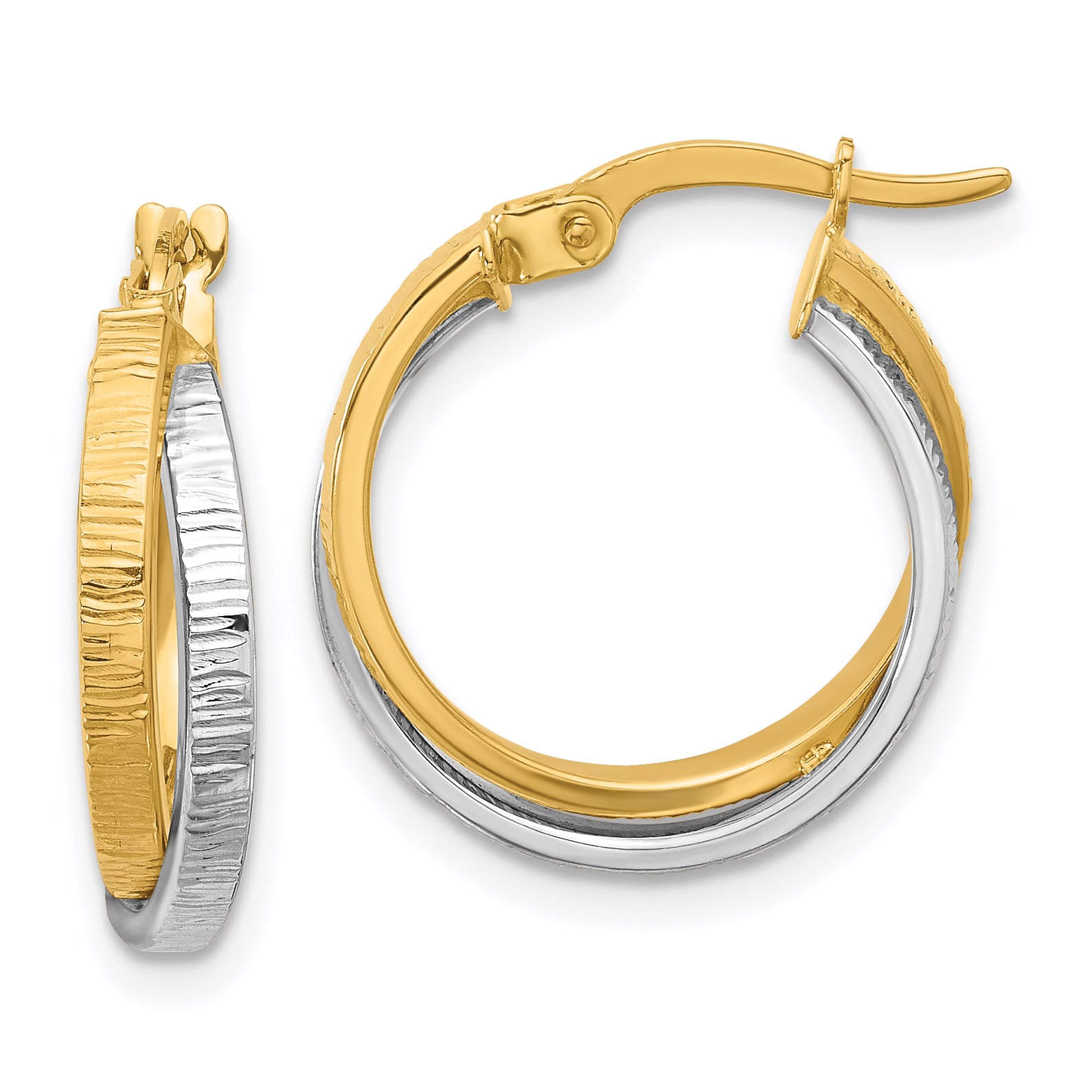 14K Two-tone Polished and Textured Bypass Hoop Earrings Main image