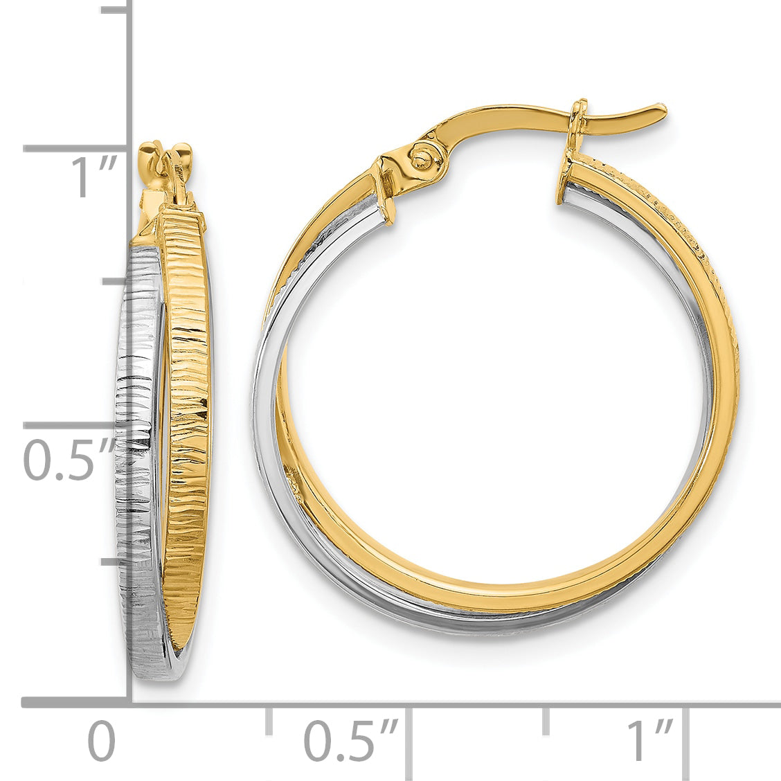 14K Two-tone Polished and Textured Bypass Hoop Earrings