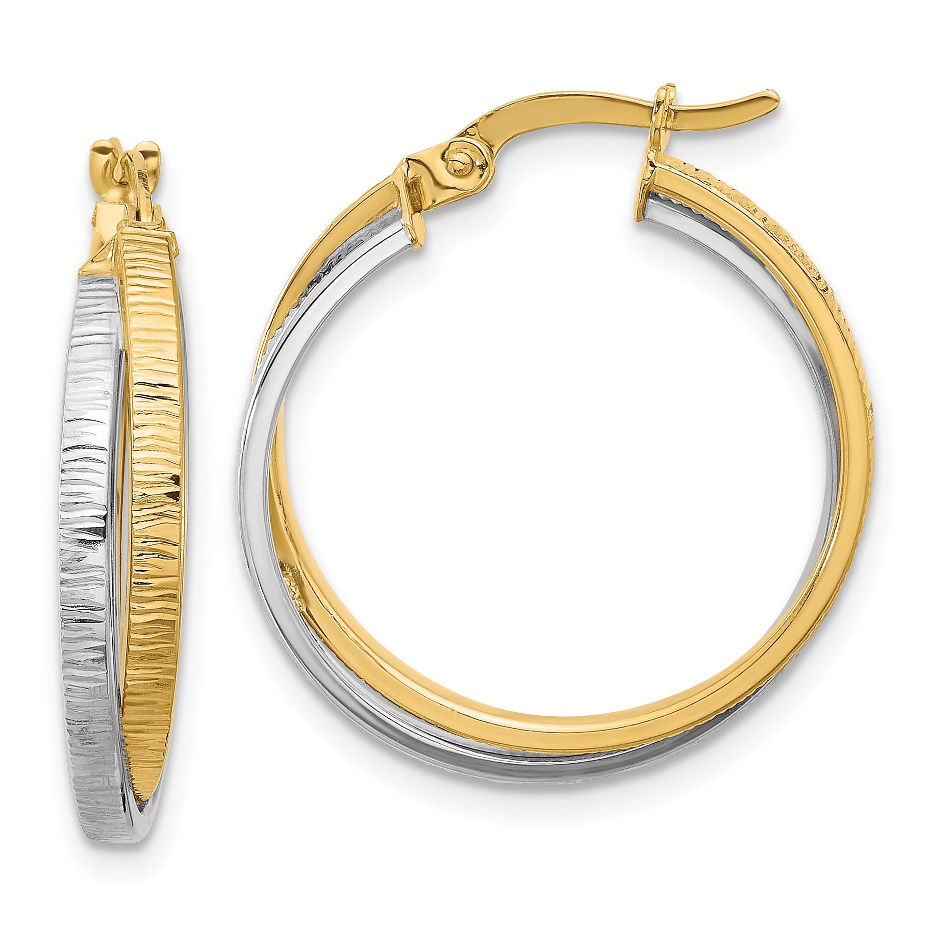 14K Two-tone Polished and Textured Bypass Hoop Earrings Main image